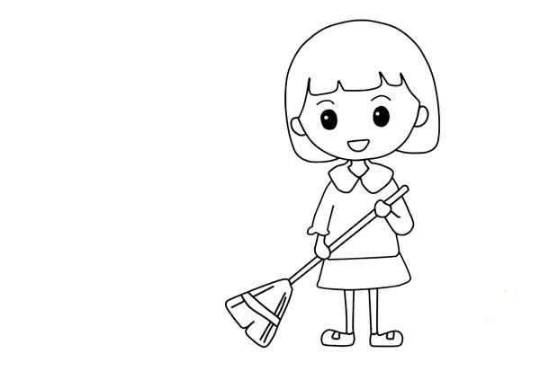 五一勞動節做家務的小女孩簡筆畫