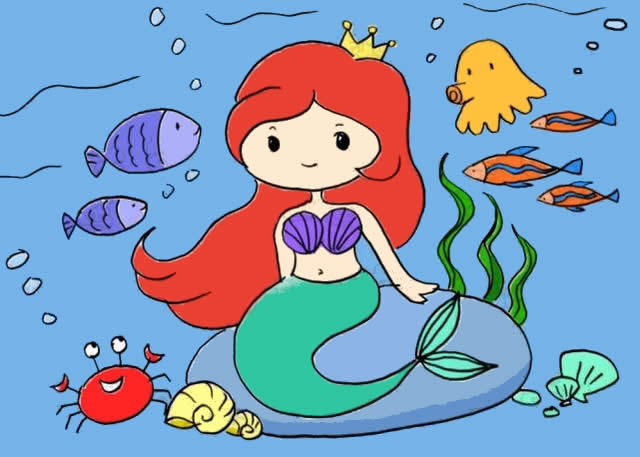 美人魚海底世界簡筆畫步驟