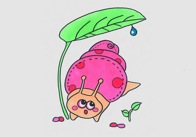樹葉下的卡通蝸牛簡筆畫