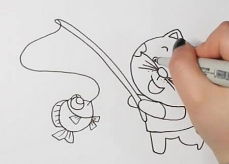 小貓釣魚的簡筆畫
