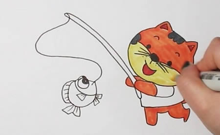 小貓釣魚的簡筆畫